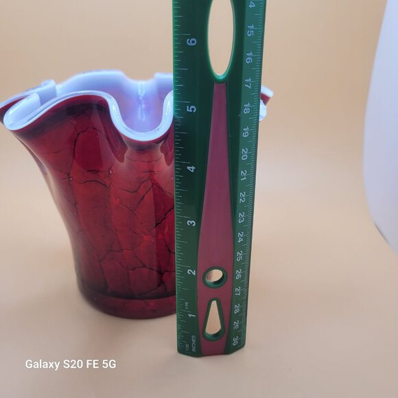 Vintage Ruffle Vase Red with Black Accents Cased White Interior Marble Look - Picture 8 of 10